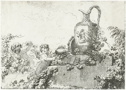 Putti, muziekinstrumenten en een vaas by anonymous, print, 1748-1850