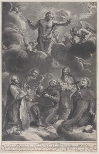 Five saints kneeling and adoring Christ: Saint Francis Borgia, Saint Louis Bertrand, Saint Cajetan, Saint Rosa of Lima, and Saint Philip Benzi by François Spierre, print, 1666-1676