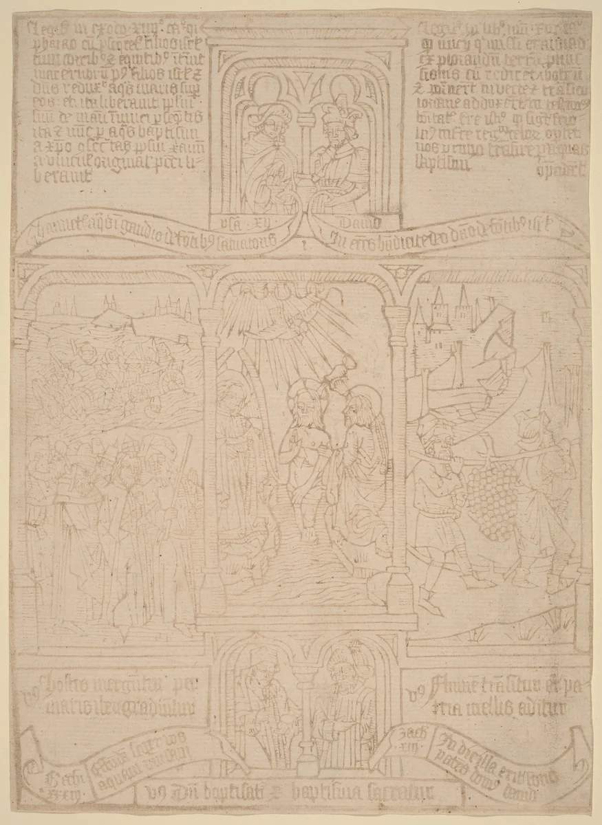 The Baptism of Christ; Pharoah Passing through the Red Sea; Joshua and Caleb by Netherlandish 15th Century, print, 1465