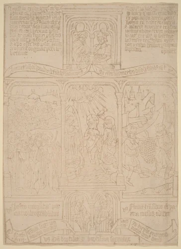 The Baptism of Christ; Pharoah Passing through the Red Sea; Joshua and Caleb by Netherlandish 15th Century, print, 1465