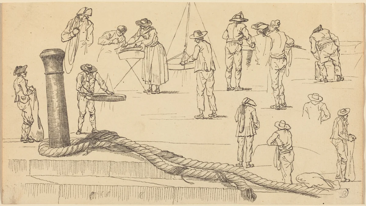Quayside Figures and a Length of Rope Attached to a Bollard by Claude Joseph Vernet, drawing, 1714-1789