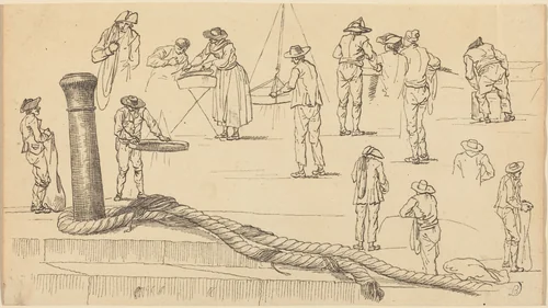 Quayside Figures and a Length of Rope Attached to a Bollard by Claude Joseph Vernet, drawing, 1714-1789
