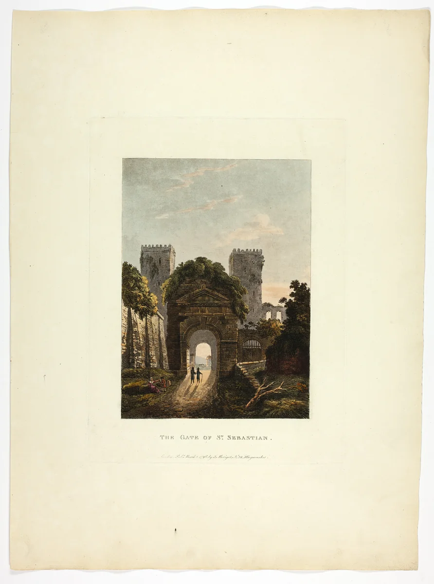 The Gate of St. Sebastian, plate seventeen from the Ruins of Rome by M. Dubourg, print, 1796