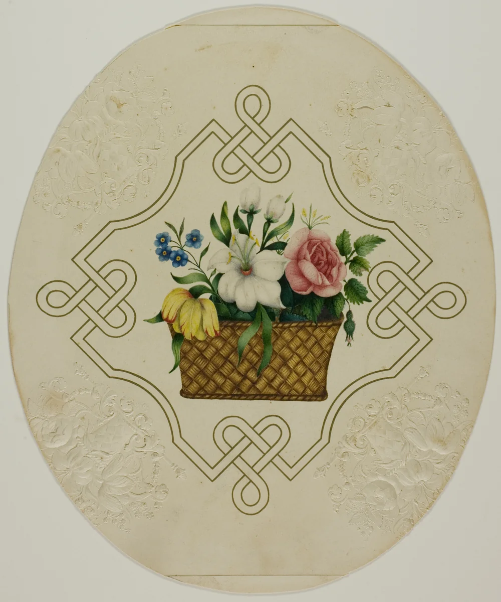 Basket of Flowers in Printed Embossed Borders by Unknown Artist, painting, 1800-1899