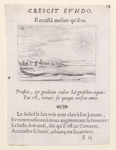 Le Soleil Levant (The Rising Sun), plate 19 from "Lux Claustri ou La Lumière du Cloitre" (The Light of the Cloisters) by Jacques Callot, print, 1621-1635