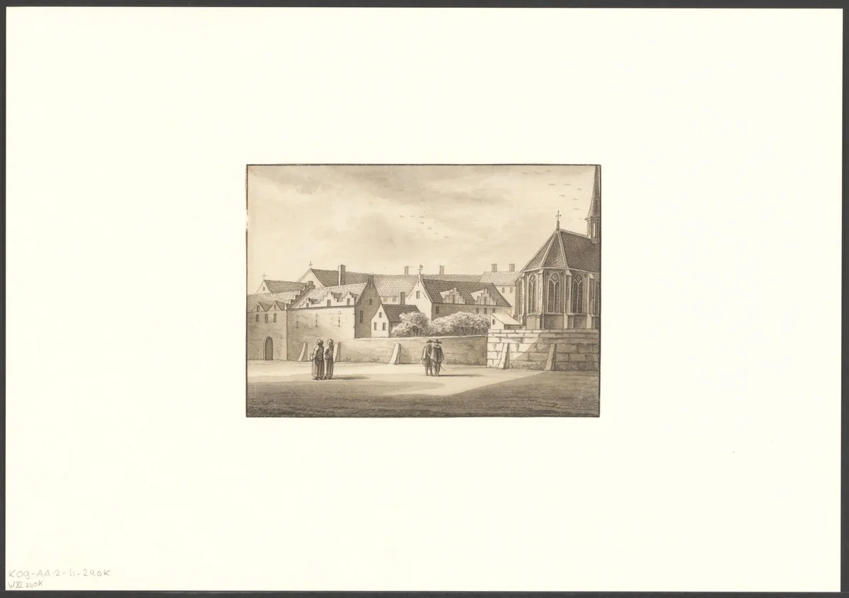 Gezicht op het Oudemannenhuis vanaf de Kloveniersburgwal by anonymous, drawing, 1700-1799