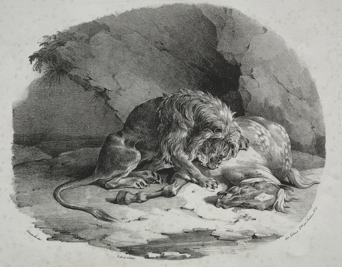 Horse Devoured by a Lion by Théodore Géricault, print, 1823