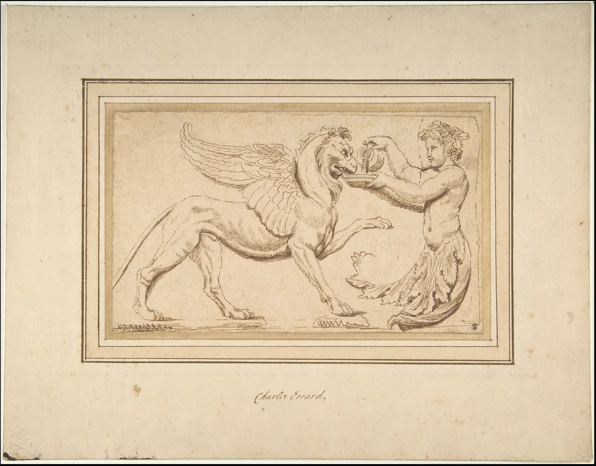 Foliate Amor Pouring a Drink for a Griffin by Charles Errard le fils, drawing, 1601-1689
