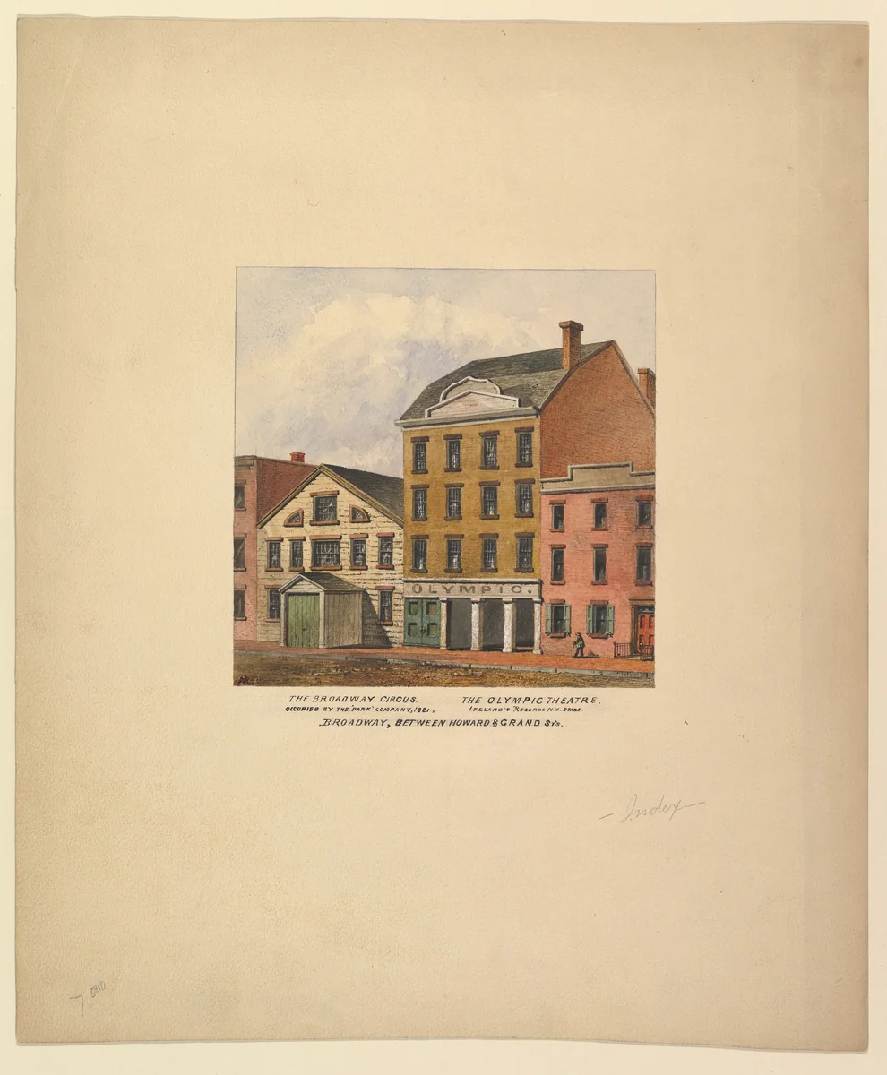 Broadway Circus and Olympic Theatre, Broadway between Howard and Grand Streets, New York by anonymous, drawing, 1821