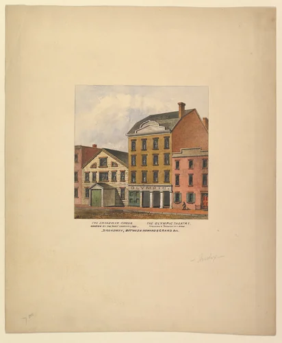Broadway Circus and Olympic Theatre, Broadway between Howard and Grand Streets, New York by anonymous, drawing, 1821