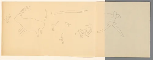 Studieblad met een dier, vogels en een figuur by anonymous, drawing, 1849-1949