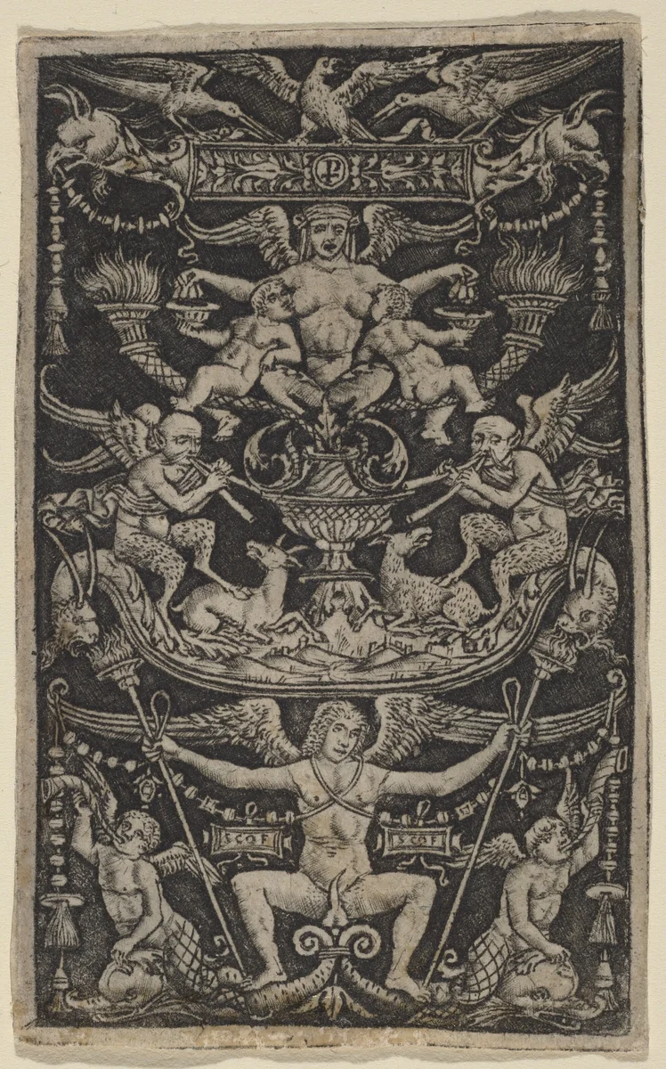 Panel of Ornament with a Satyress Feeding Two Children by Peregrino da Cesena, print, 1505-1520