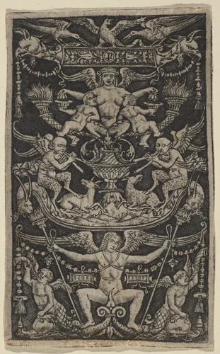 Panel of Ornament with a Satyress Feeding Two Children by Peregrino da Cesena, print, 1505-1520