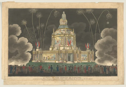 A View of the Temple of Concord Erected in the Green Park, to Celebrate the Glorious Peace of 1814, Exhibiting the Fireworks on the 1st of August by Robert Laurie, print, 1814