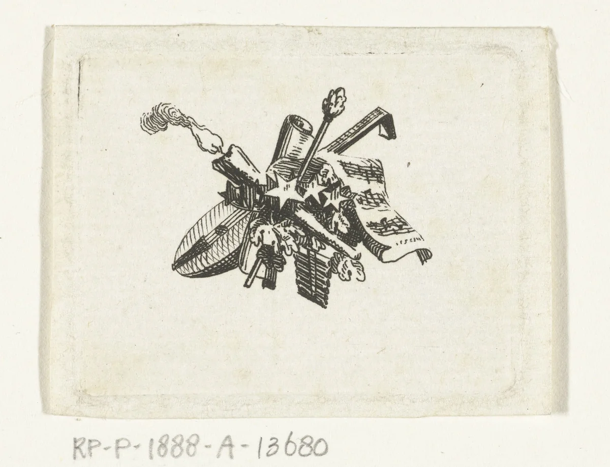 Vignet met citer, brandende fakkel en muziekblad by Willem Bilderdijk, print, 1766-1831