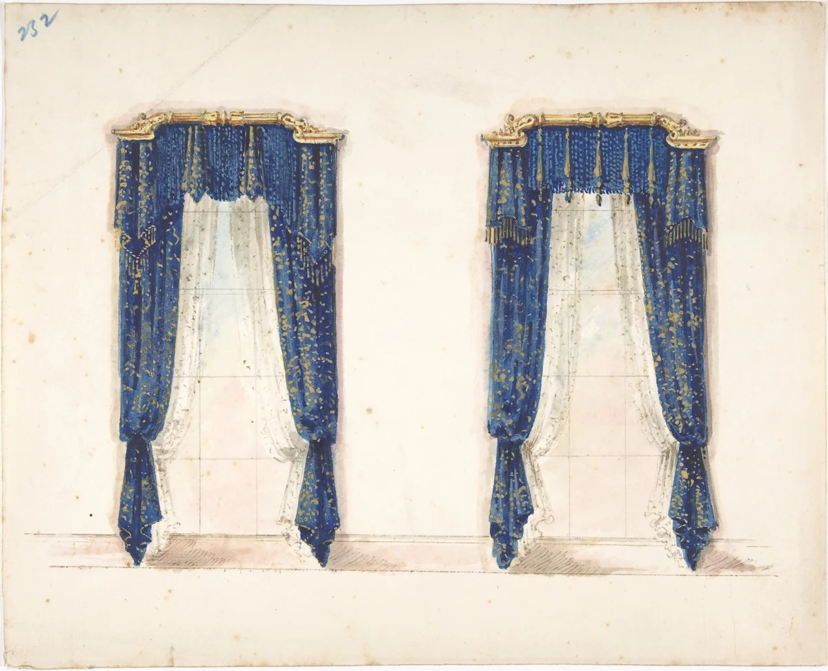 Design for Blue and Gold Curtains with Gold Fringes and a Gold Pediment by anonymous, drawing, 1800-1850
