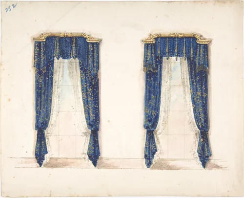 Design for Blue and Gold Curtains with Gold Fringes and a Gold Pediment by anonymous, drawing, 1800-1850