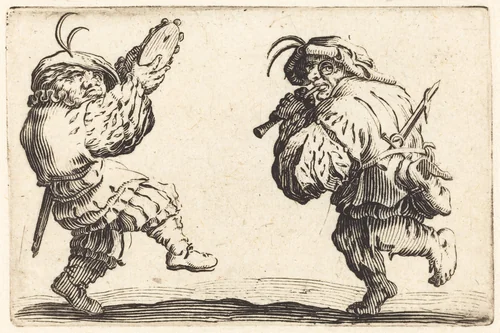 Dancers with Flute and Tambourine by Jacques Callot, print, 1622