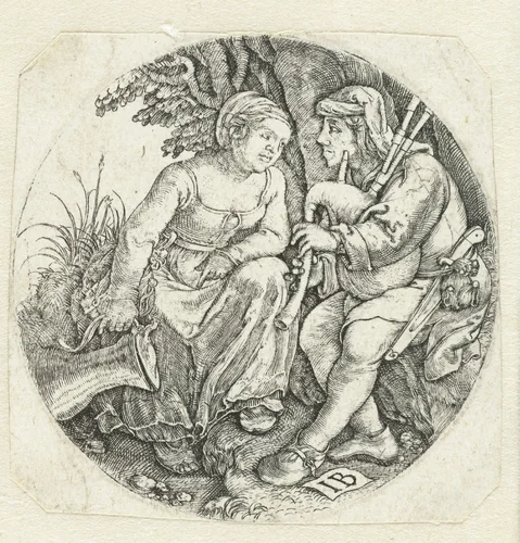Doedelzakspeler en jonge vrouw by Unknown, print, 1525-1530