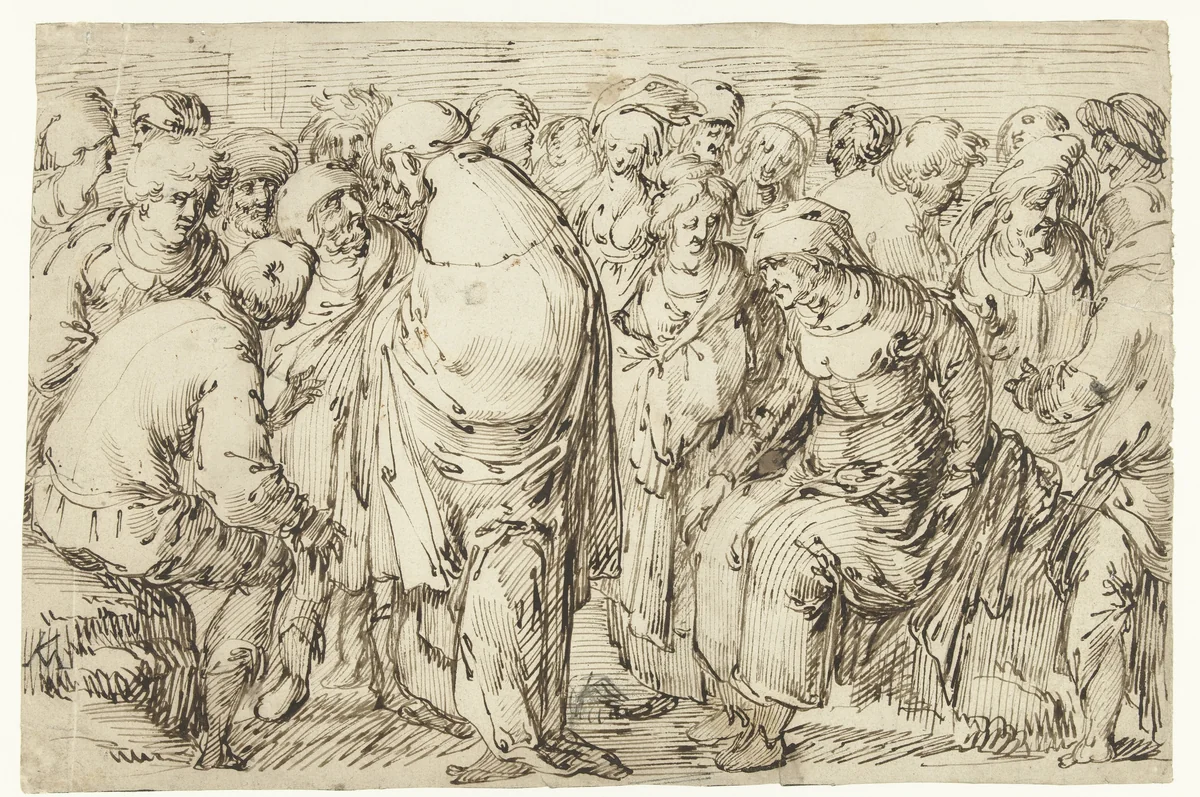 Studieblad met 21 staande en zittende figuren by Unknown, drawing, 1581-1656