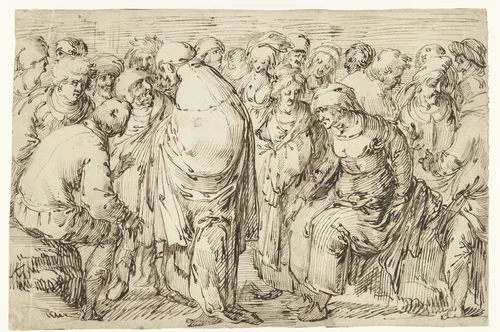 Studieblad met 21 staande en zittende figuren by Unknown, drawing, 1581-1656