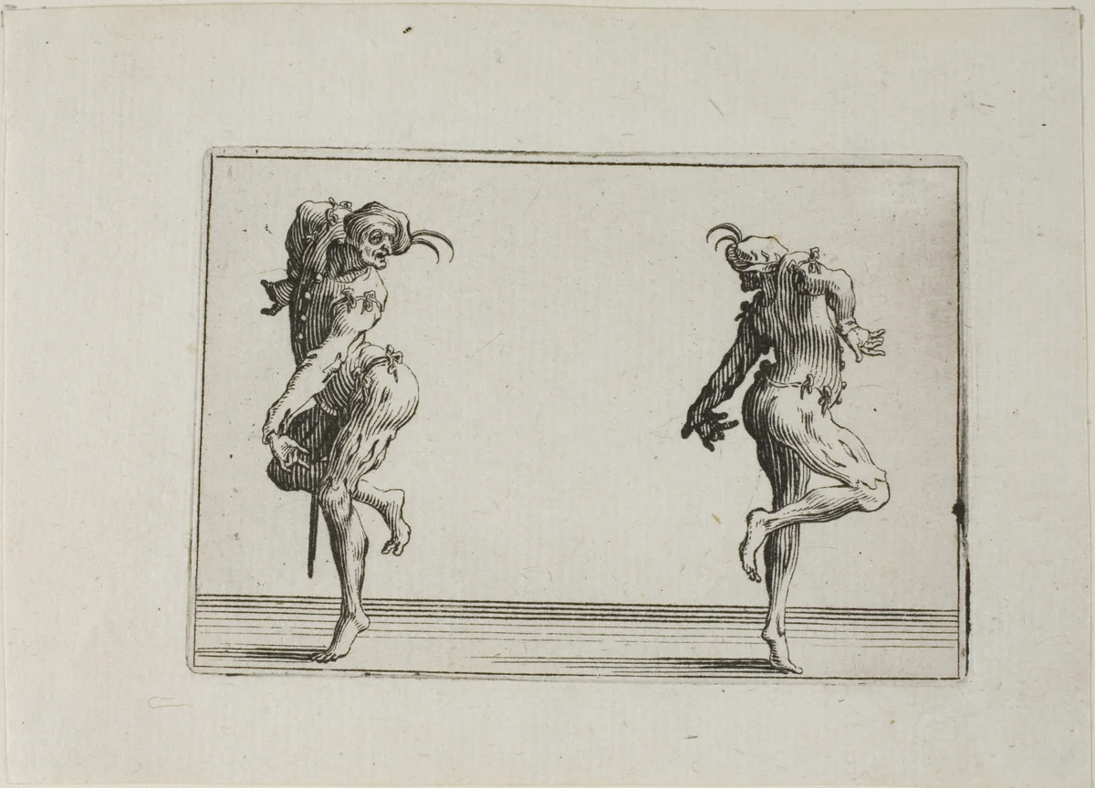 The Two Pantaloons Turning their Back, from The Caprices by Jacques Callot, print, 1617-1627
