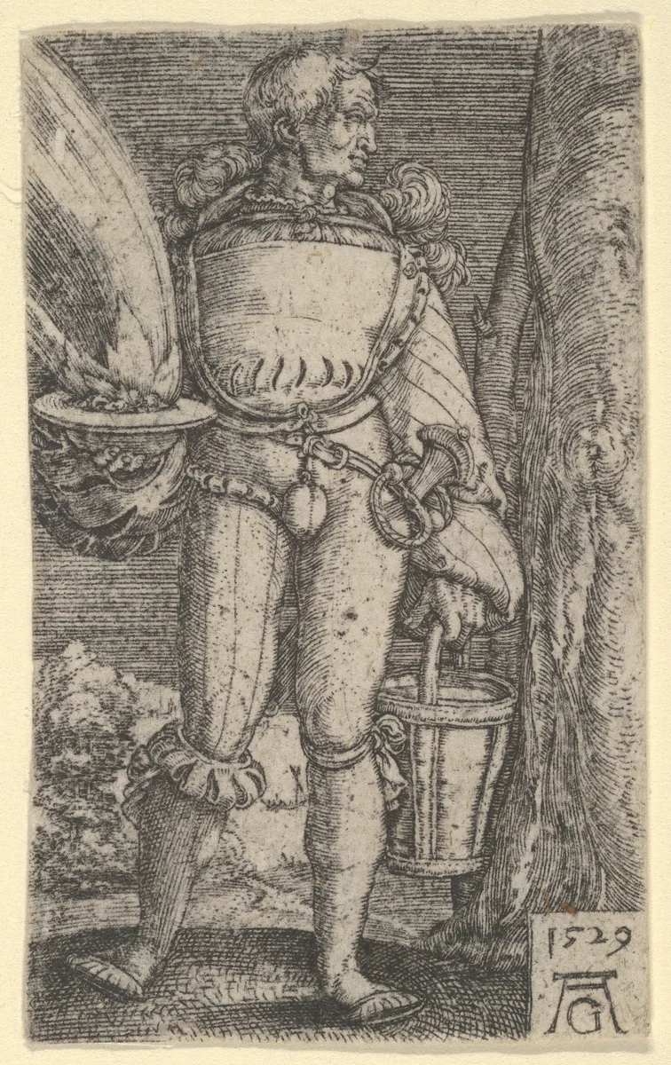 Foot-Soldier with Fire-Pan and Bucket by Heinrich Aldegrever, print, 1529