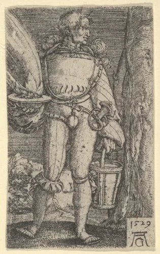Foot-Soldier with Fire-Pan and Bucket by Heinrich Aldegrever, print, 1529