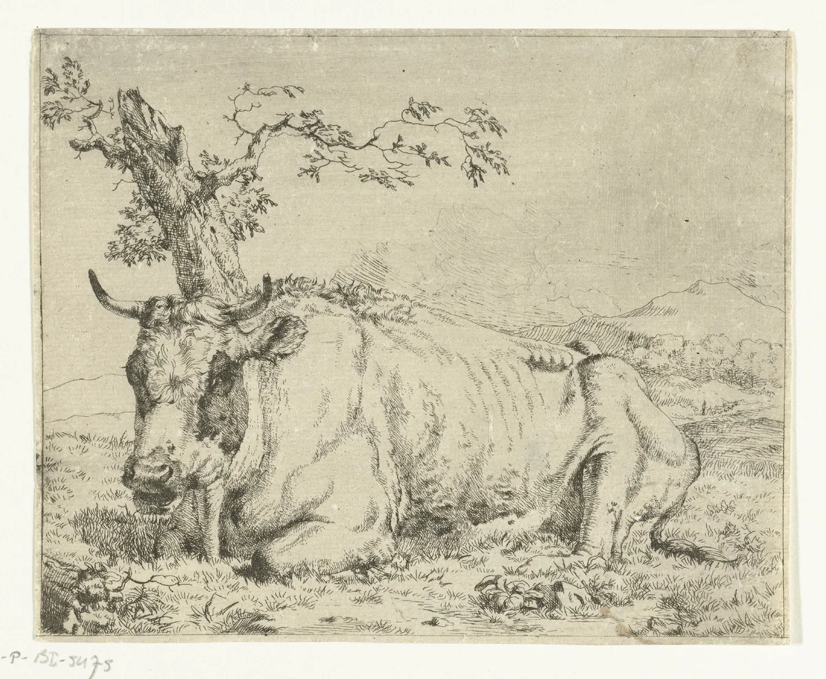 Rustende koe, bij boom by Marcus de Bye, print, 1657-1688