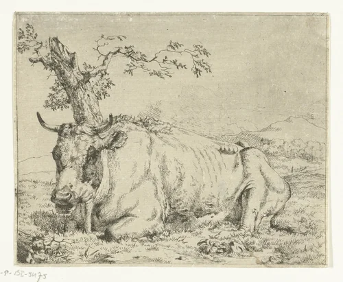 Rustende koe, bij boom by Marcus de Bye, print, 1657-1688