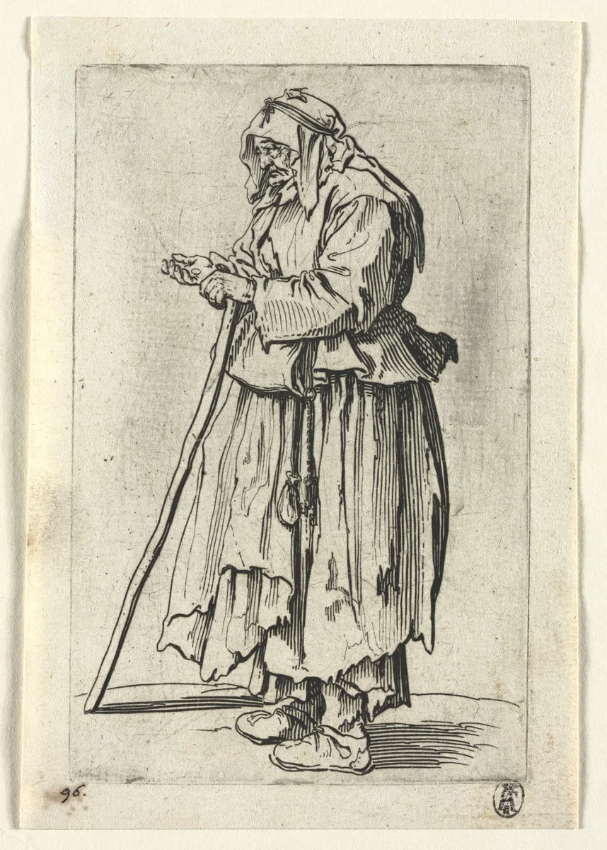 The Beggars: Beggar Woman Coming to Receive Alms by Jacques Callot, print, 1619-1627