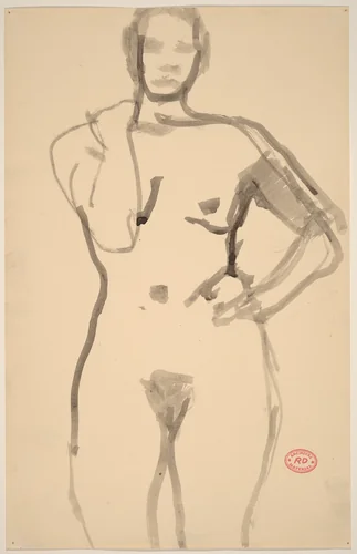 Untitled [standing female nude grasping her shoulder with her right hand] by Richard Diebenkorn, drawing, 1955-1967