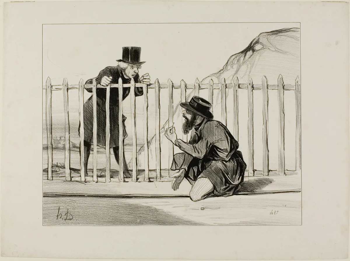 “- Just look at that! the train that's about to pass is lucky to have a narrow escape.... the whole affair would have blown up if I hadn't noticed in time... - What is it then, what is it? - Why, it's obvious, a needle has been placed right on the rail... luckily I saw it in just in time!,” plate 1 from Les Chemins De Fer by Honoré-Victorin Daumier, print, 1843