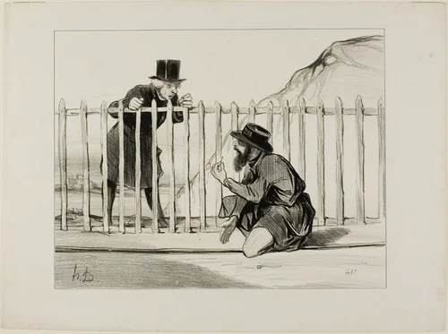 “- Just look at that! the train that's about to pass is lucky to have a narrow escape.... the whole affair would have blown up if I hadn't noticed in time... - What is it then, what is it? - Why, it's obvious, a needle has been placed right on the rail... luckily I saw it in just in time!,” plate 1 from Les Chemins De Fer by Honoré-Victorin Daumier, print, 1843