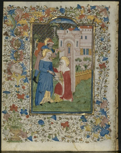 The Visitation: Leaf from a Book of Hours (5 of 6 Excised Leaves) by Henri d'Orquevaulx, manuscript, 1415-1425
