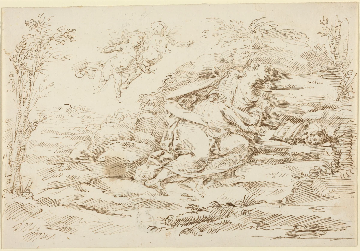 Penitent Magdalene with Angels in a Landscape [recto] by Donato Creti, drawing, 1671-1749