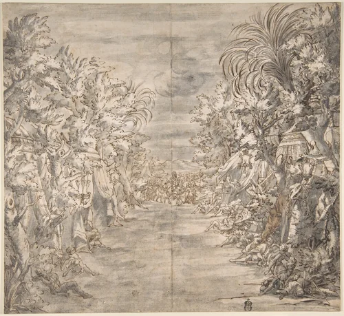 Ornamental Theater Scene with Trees by anonymous, drawing, 1600-1799