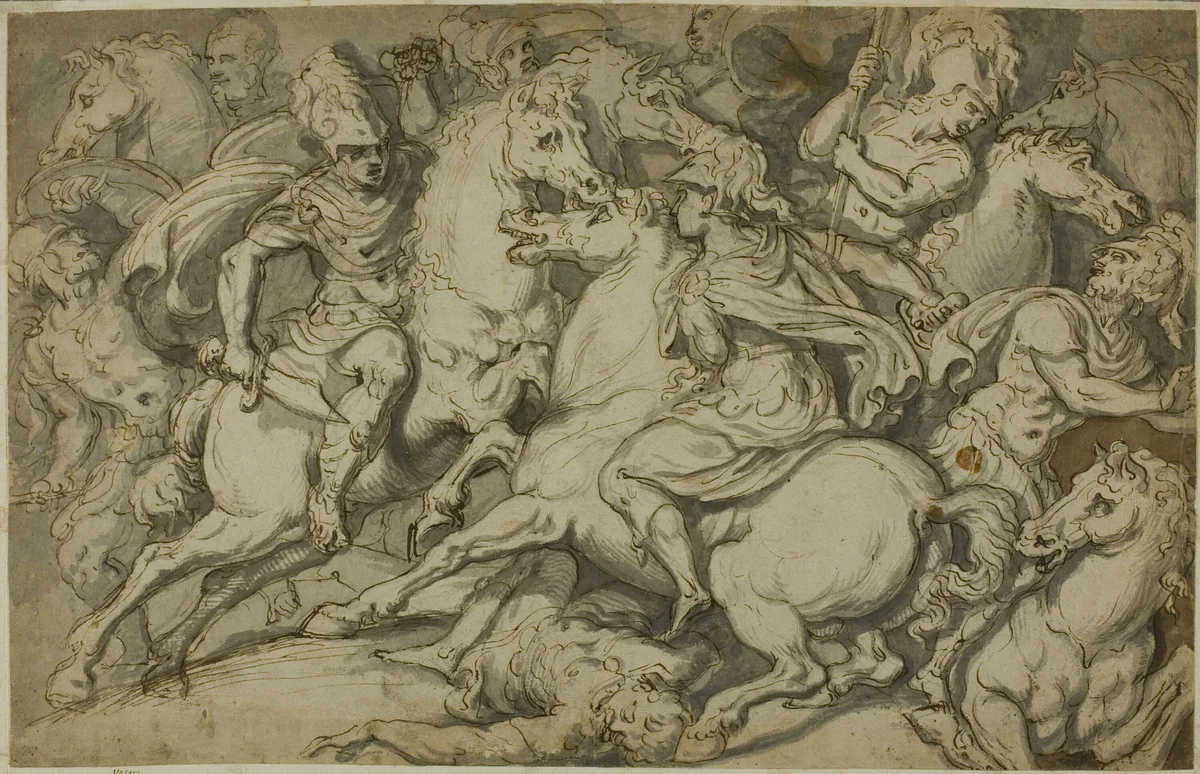 Cavalry Skirmish (recto); Kneeling Ecorché (verso) by Francesco de'Rossi, drawing, 1530-1539