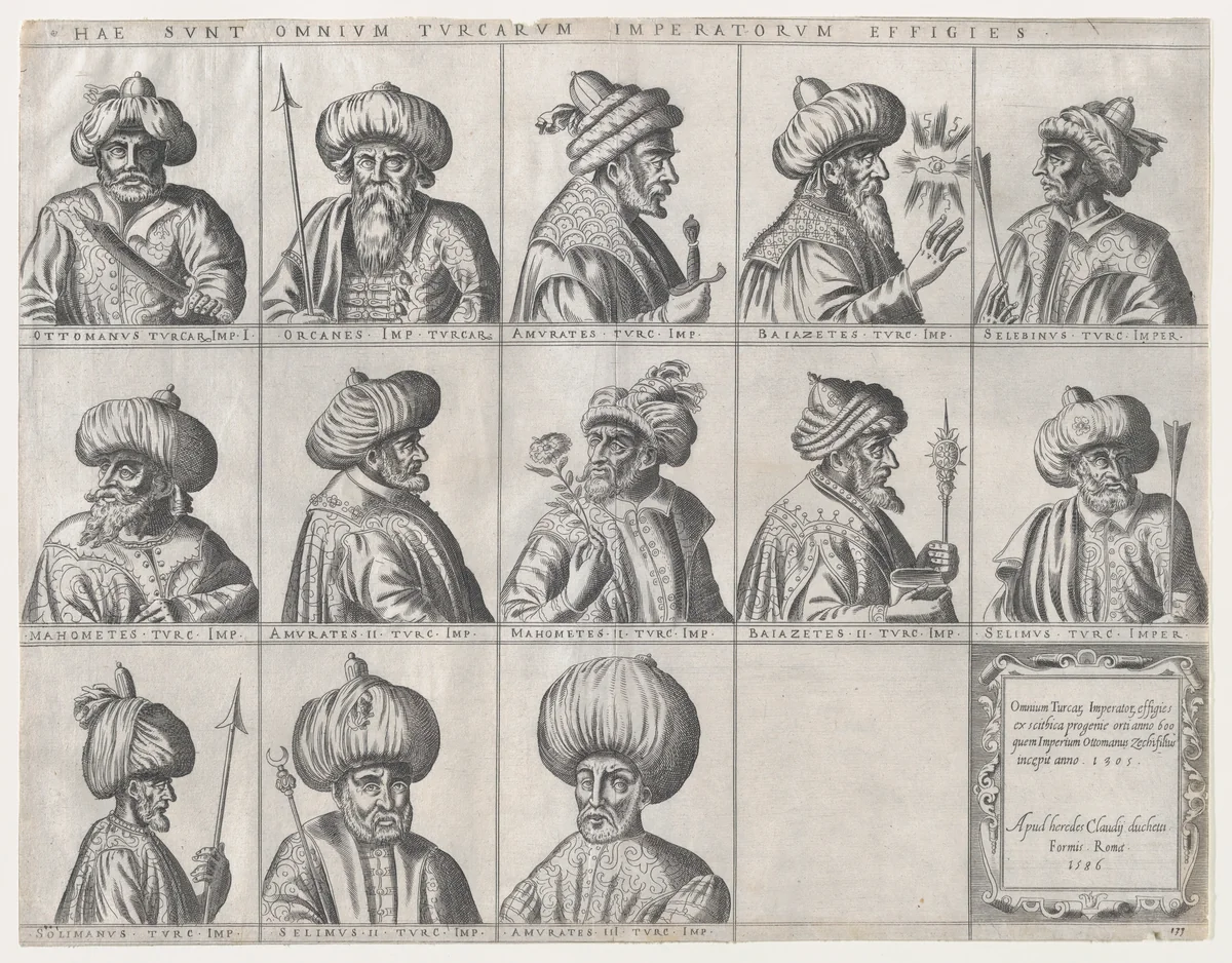 Portraits of Turkish Sultans, from "Speculum Romanae Magnificentiae" by anonymous, print, 1565-1585