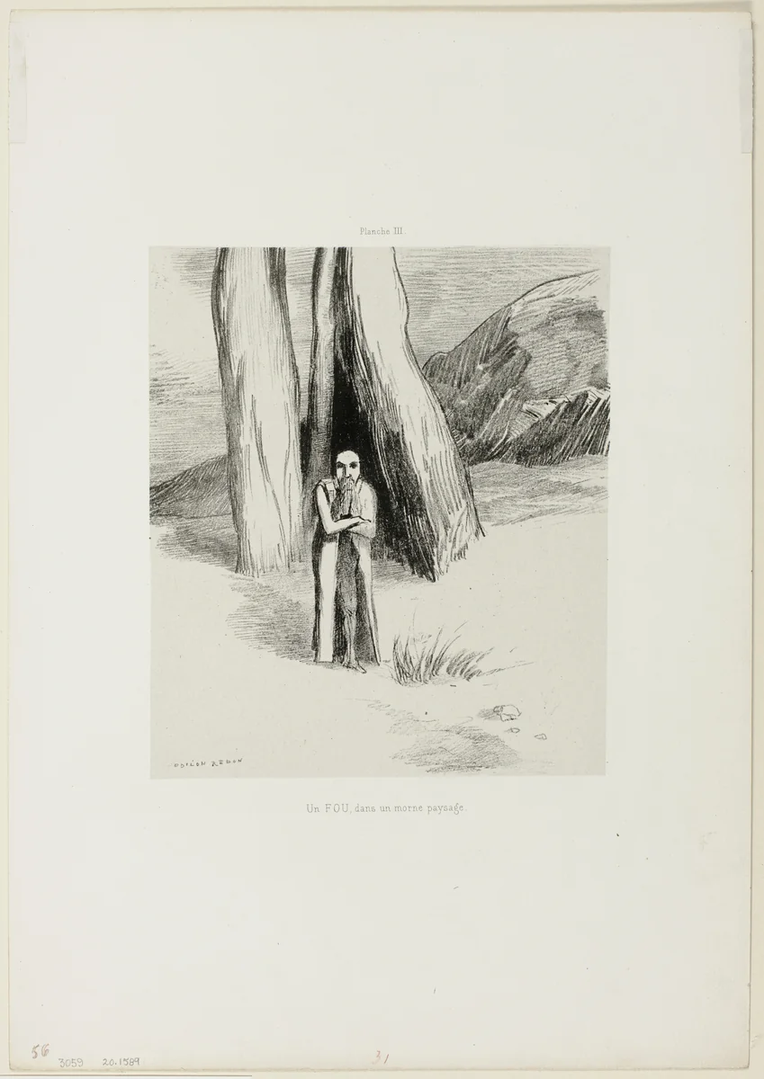 A Madman in a Dismal Landscape, plate 3 of 6 by Odilon Redon, print, 1885