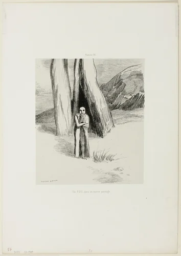 A Madman in a Dismal Landscape, plate 3 of 6 by Odilon Redon, print, 1885