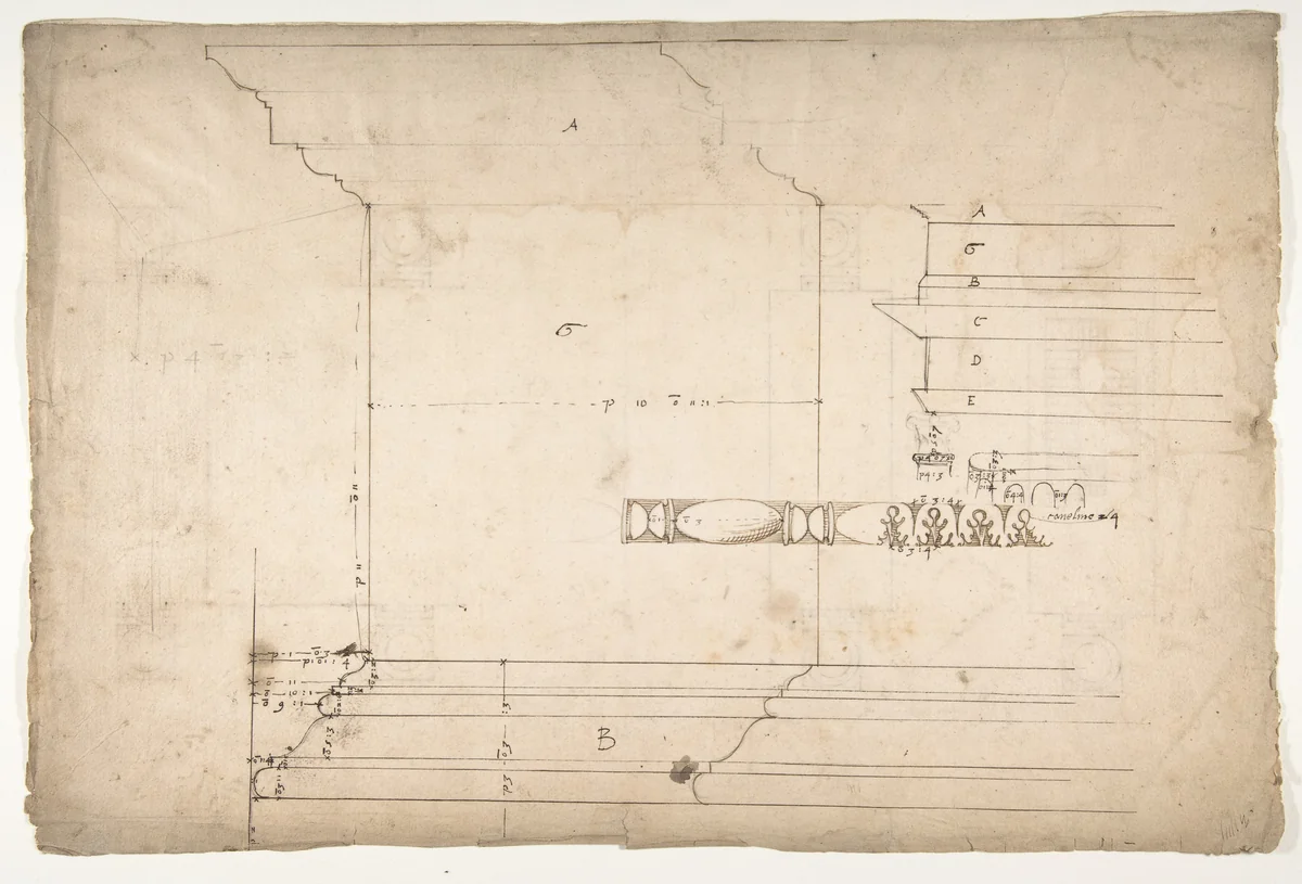 Forum of Nerva, colonnade, profiles of attic and entablature, architrave and column detail (recto) Arch of Constantine, plan (verso) by anonymous, drawing, 1500-1560