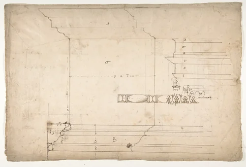 Forum of Nerva, colonnade, profiles of attic and entablature, architrave and column detail (recto) Arch of Constantine, plan (verso) by anonymous, drawing, 1500-1560