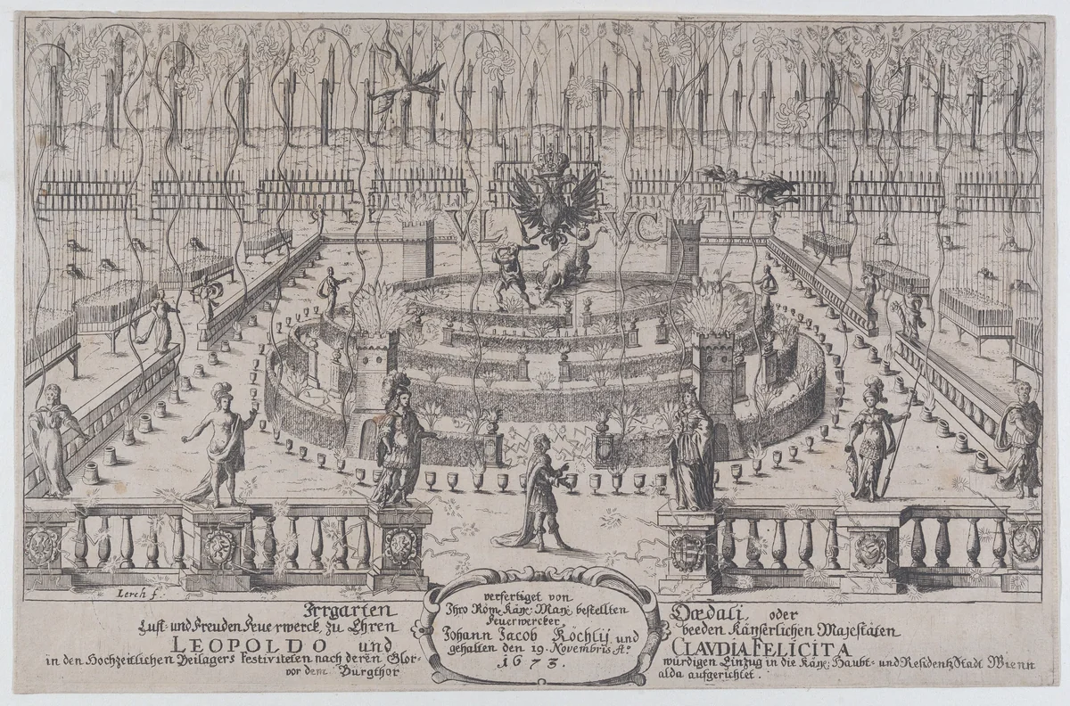 Fireworks display, Nuremberg, 1659 by anonymous, print, 1673