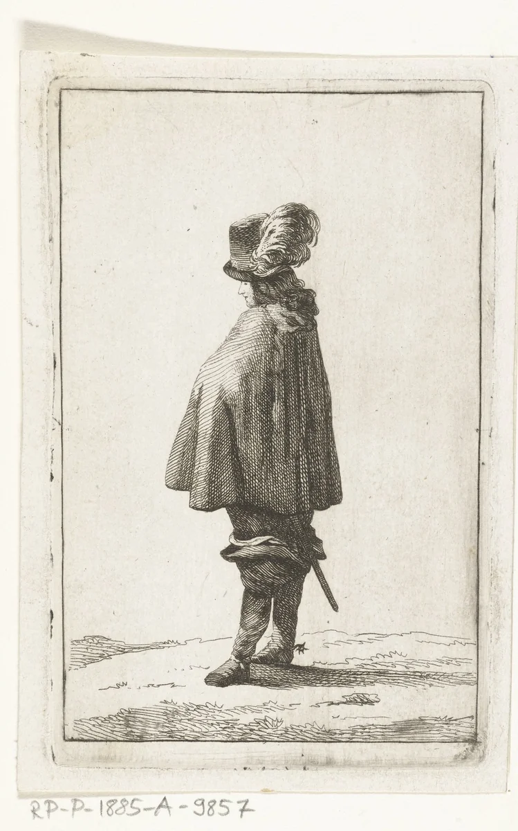 Een man met hoed op de rug gezien by Joannes Bemme, print, 1800-1841
