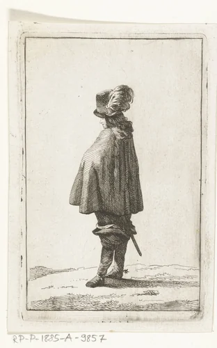 Een man met hoed op de rug gezien by Joannes Bemme, print, 1800-1841