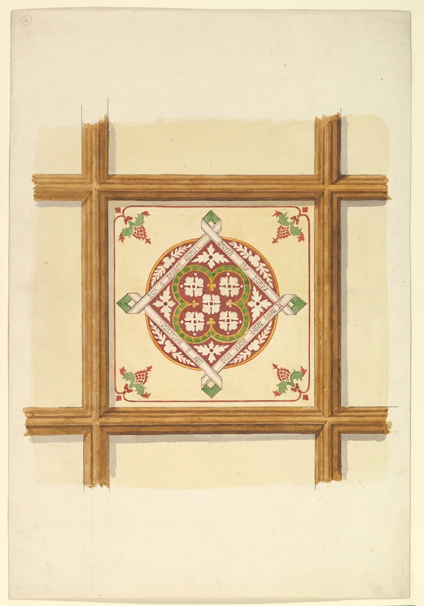 Design for a Coffered and Painted Ceiling in Rust and Olive Green, with a Quatrefoil Motif by John Gregory Crace, drawing, 1825-1900