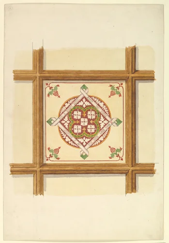 Design for a Coffered and Painted Ceiling in Rust and Olive Green, with a Quatrefoil Motif by John Gregory Crace, drawing, 1825-1900