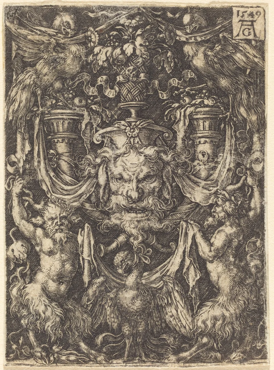 Ornament with Mask, Eagle between Satyrs Below by Heinrich Aldegrever, print, 1549