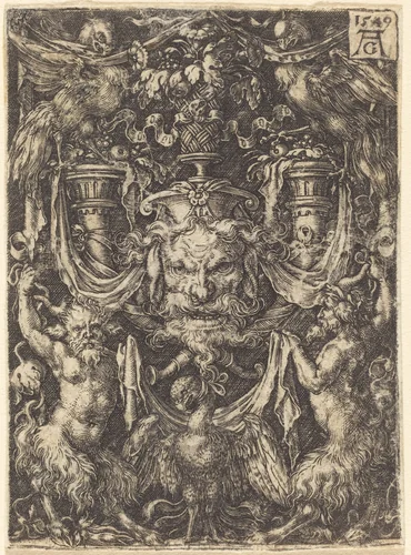 Ornament with Mask, Eagle between Satyrs Below by Heinrich Aldegrever, print, 1549
